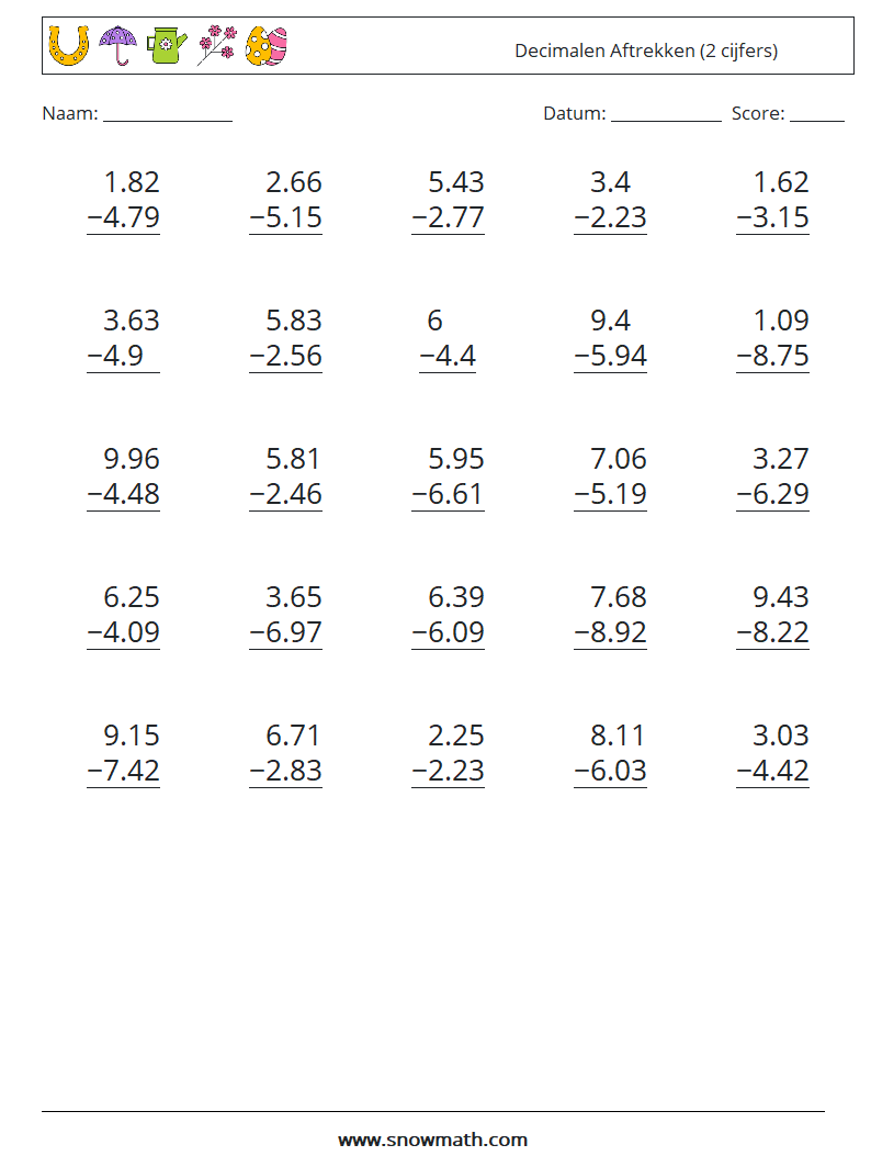 (25) Decimalen Aftrekken (2 cijfers) Wiskundige werkbladen 15