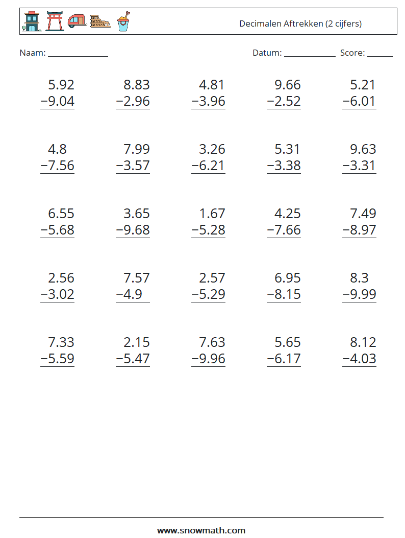 (25) Decimalen Aftrekken (2 cijfers) Wiskundige werkbladen 16