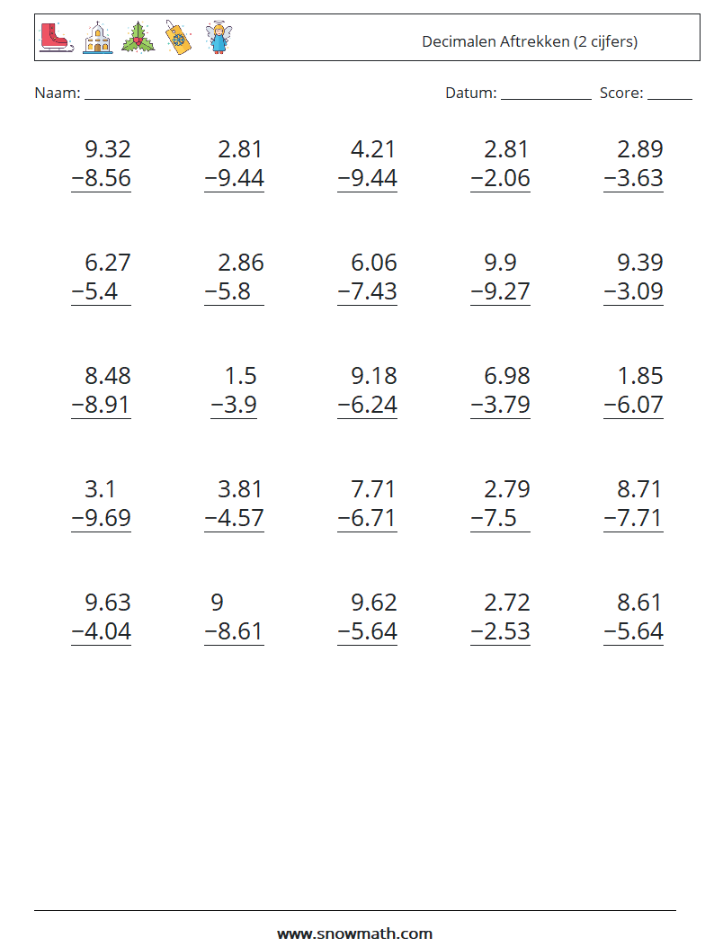 (25) Decimalen Aftrekken (2 cijfers) Wiskundige werkbladen 17