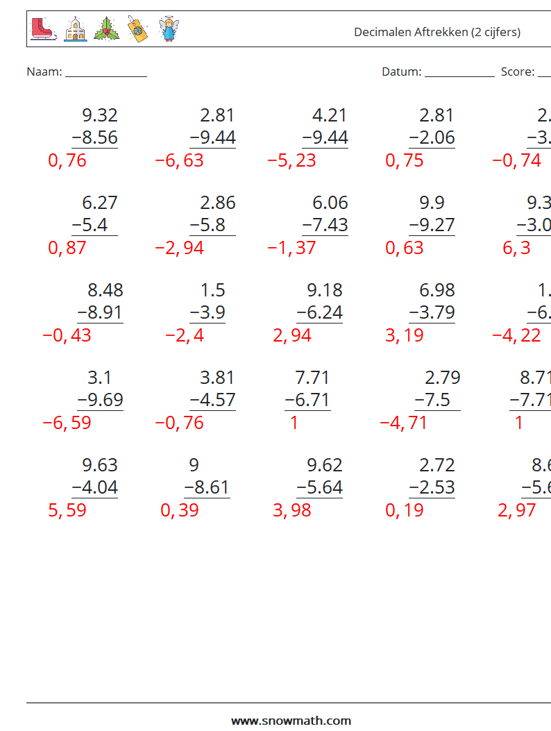 (25) Decimalen Aftrekken (2 cijfers) Wiskundige werkbladen 17 Vraag, Antwoord