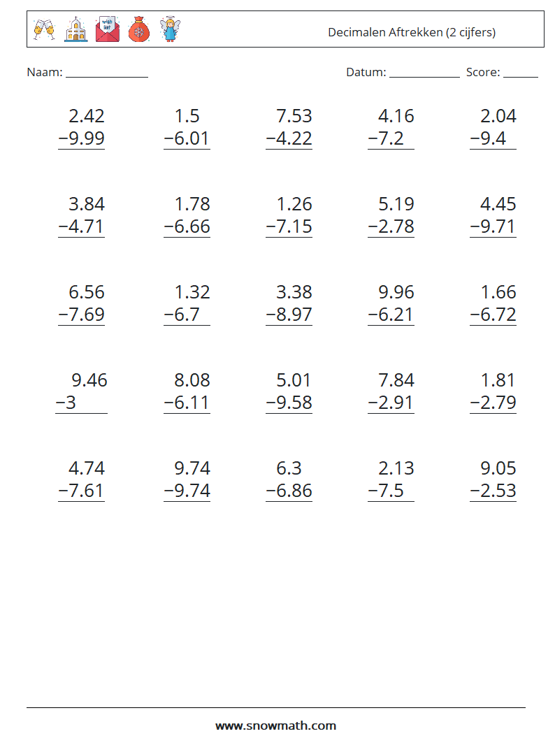 (25) Decimalen Aftrekken (2 cijfers) Wiskundige werkbladen 18