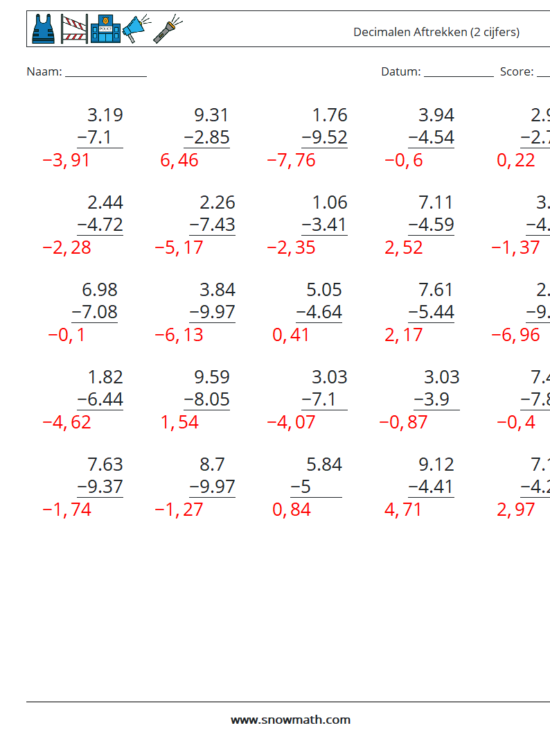 (25) Decimalen Aftrekken (2 cijfers) Wiskundige werkbladen 1 Vraag, Antwoord