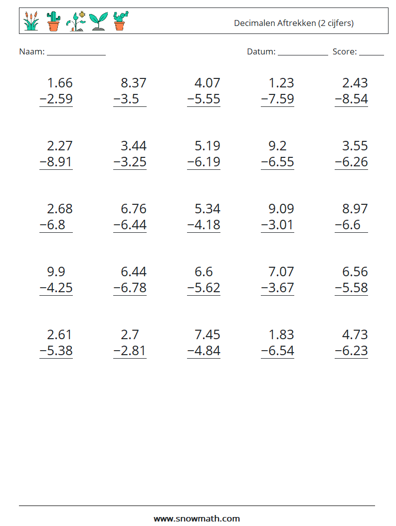 (25) Decimalen Aftrekken (2 cijfers) Wiskundige werkbladen 2