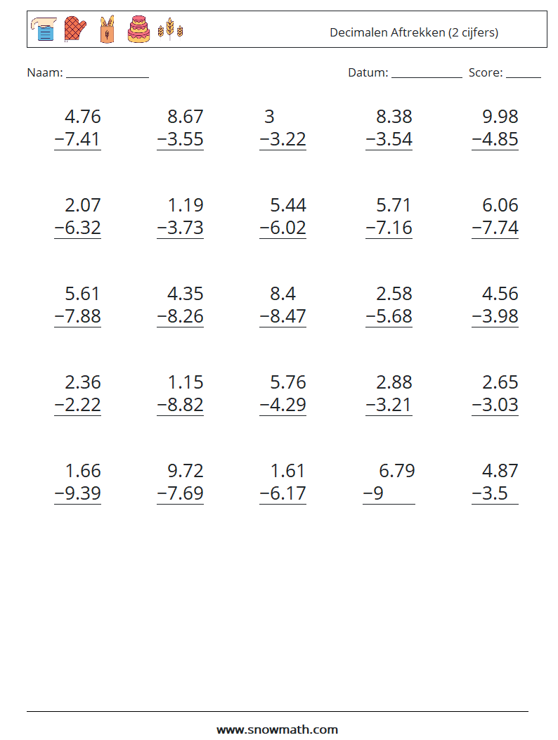 (25) Decimalen Aftrekken (2 cijfers) Wiskundige werkbladen 3