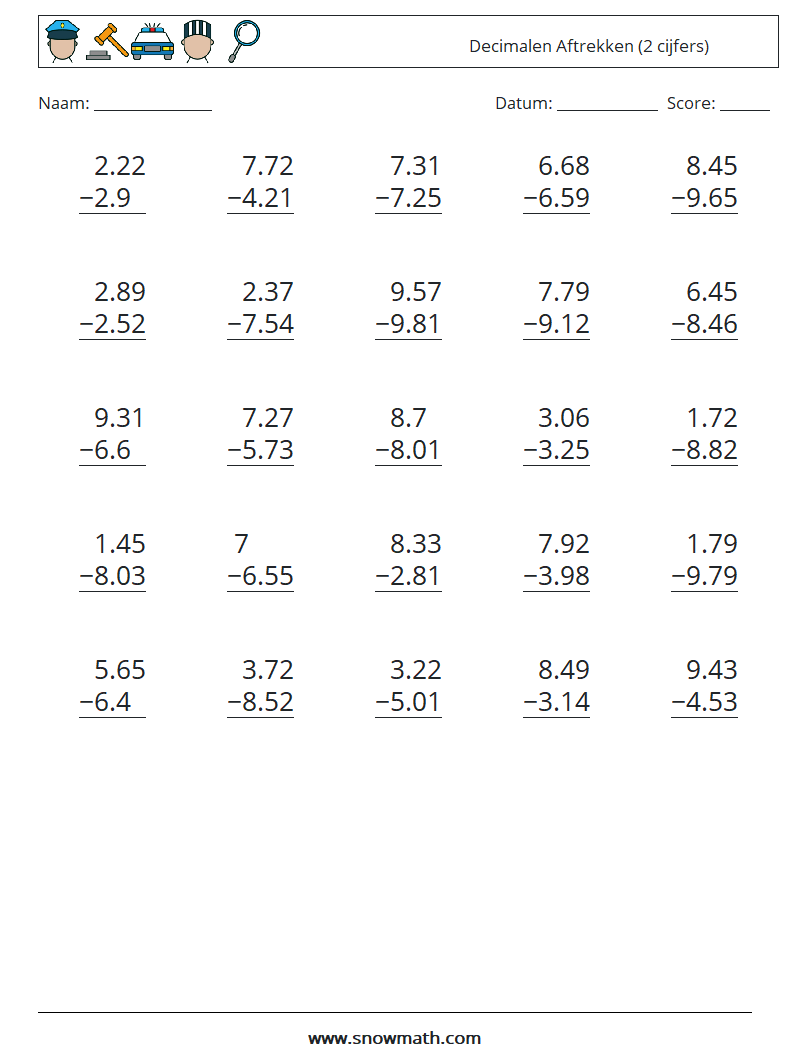 (25) Decimalen Aftrekken (2 cijfers) Wiskundige werkbladen 4