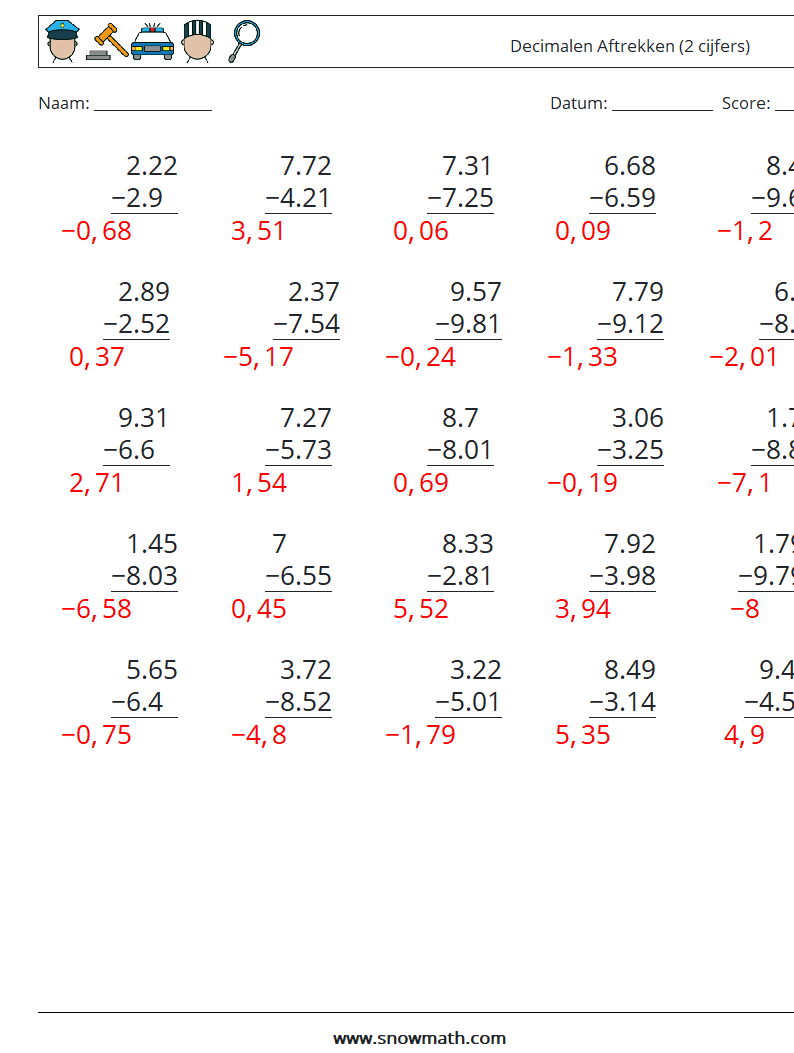 (25) Decimalen Aftrekken (2 cijfers) Wiskundige werkbladen 4 Vraag, Antwoord