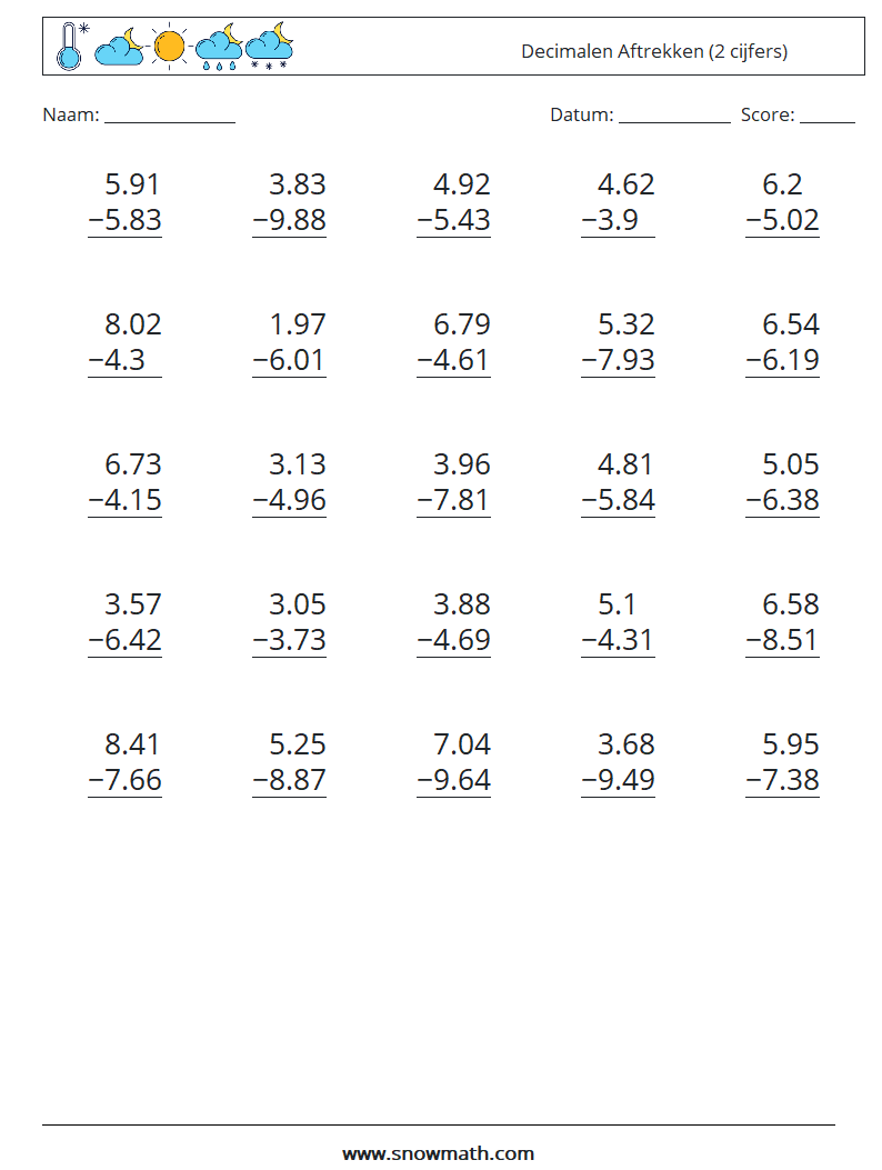 (25) Decimalen Aftrekken (2 cijfers) Wiskundige werkbladen 5
