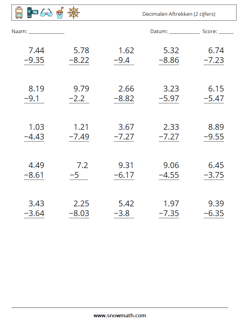 (25) Decimalen Aftrekken (2 cijfers) Wiskundige werkbladen 6