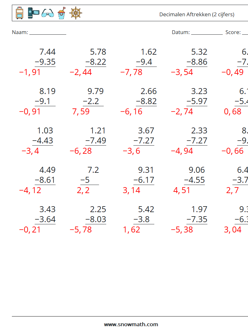 (25) Decimalen Aftrekken (2 cijfers) Wiskundige werkbladen 6 Vraag, Antwoord
