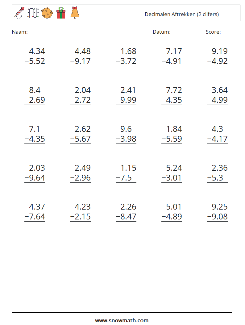 (25) Decimalen Aftrekken (2 cijfers) Wiskundige werkbladen 7