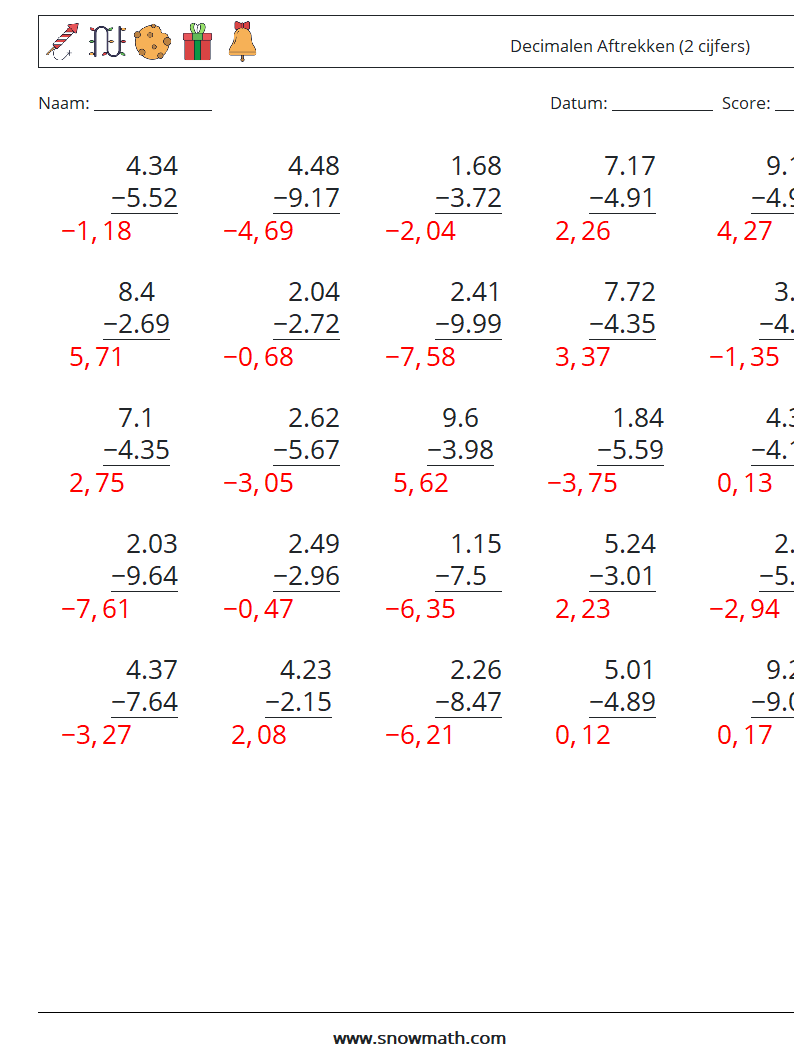 (25) Decimalen Aftrekken (2 cijfers) Wiskundige werkbladen 7 Vraag, Antwoord