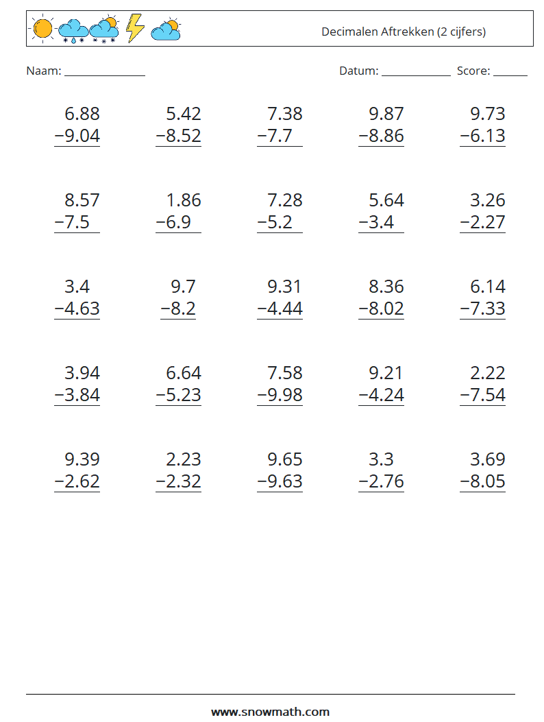 (25) Decimalen Aftrekken (2 cijfers) Wiskundige werkbladen 8
