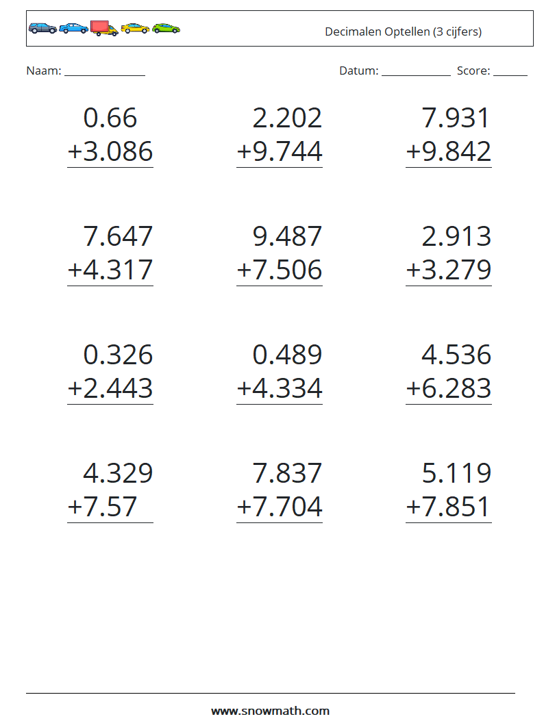 (12) Decimalen Optellen (3 cijfers)