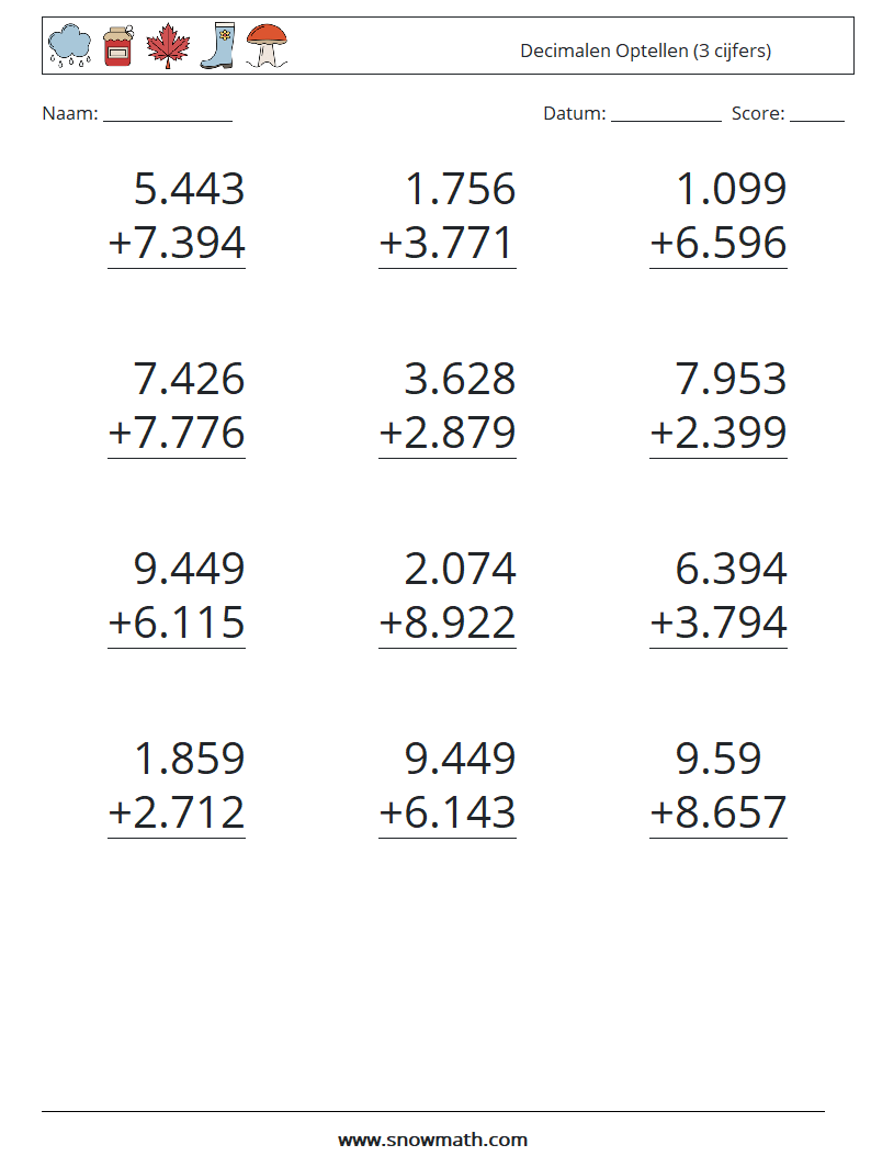(12) Decimalen Optellen (3 cijfers) Wiskundige werkbladen 10