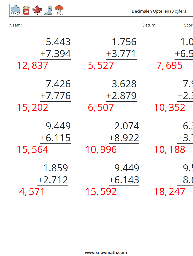 (12) Decimalen Optellen (3 cijfers) Wiskundige werkbladen 10 Vraag, Antwoord