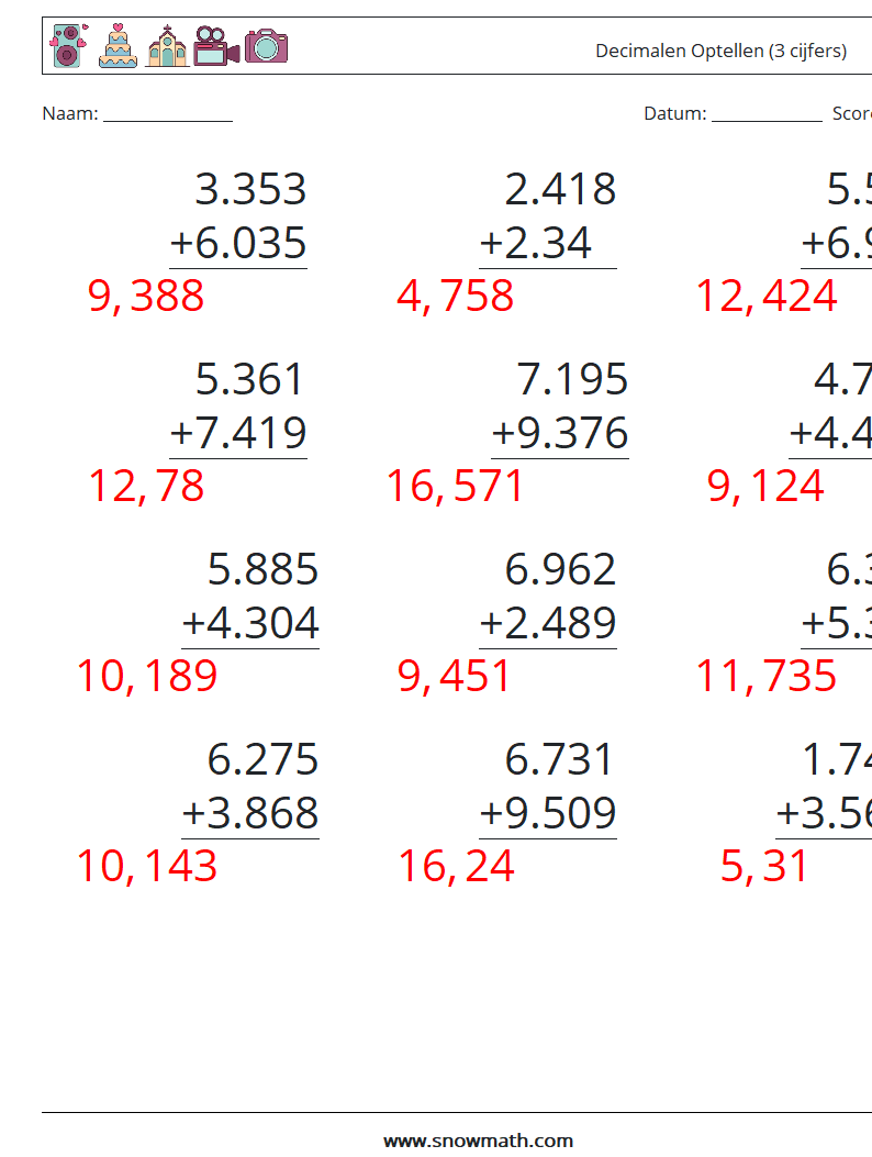 (12) Decimalen Optellen (3 cijfers) Wiskundige werkbladen 11 Vraag, Antwoord
