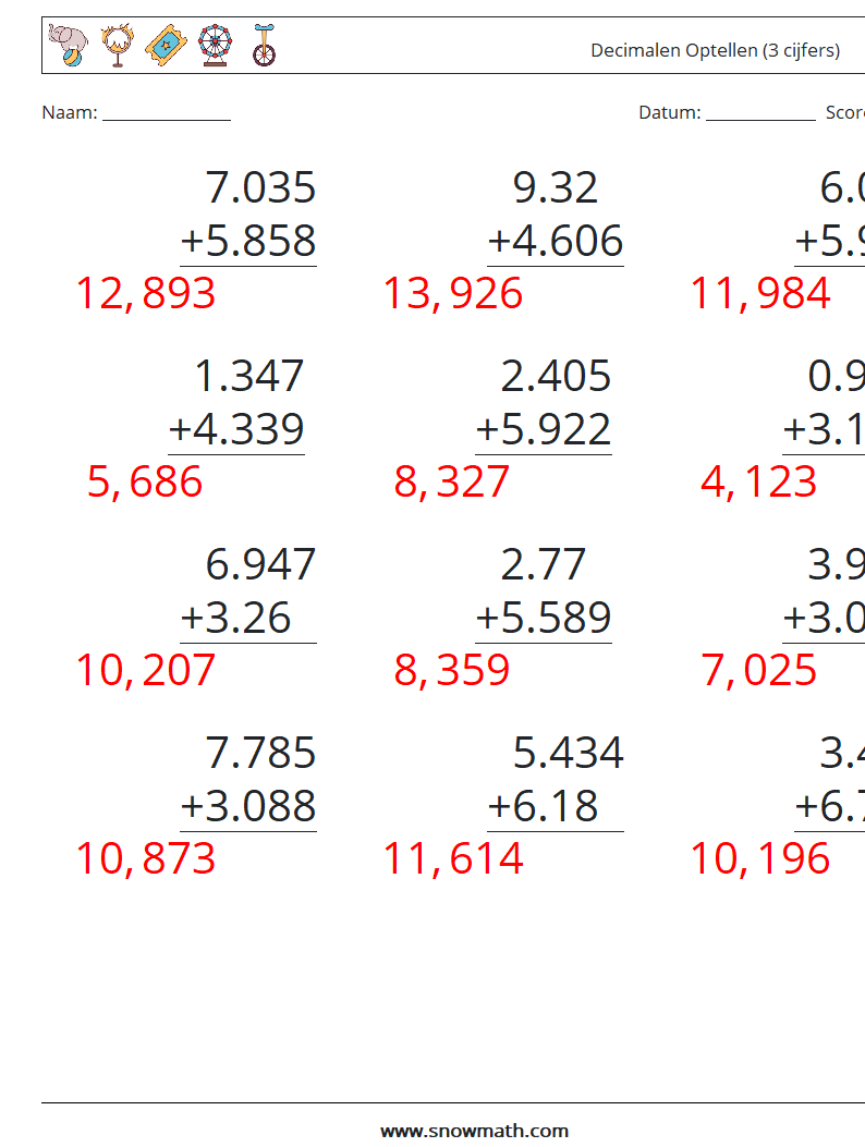 (12) Decimalen Optellen (3 cijfers) Wiskundige werkbladen 12 Vraag, Antwoord