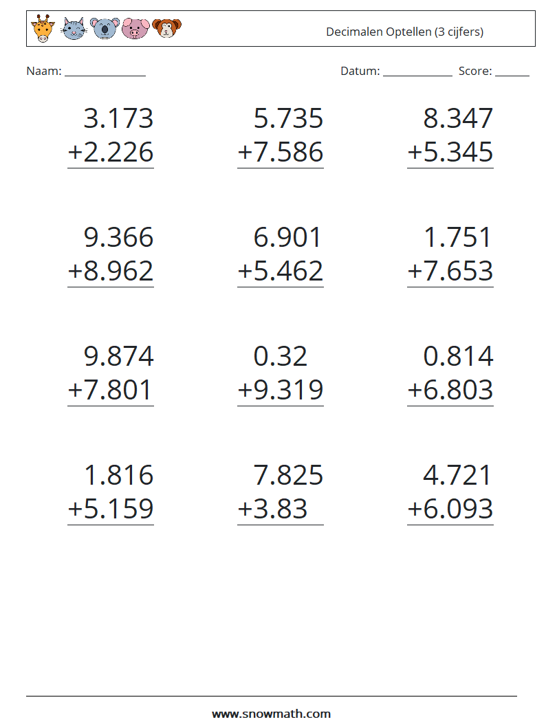 (12) Decimalen Optellen (3 cijfers) Wiskundige werkbladen 13
