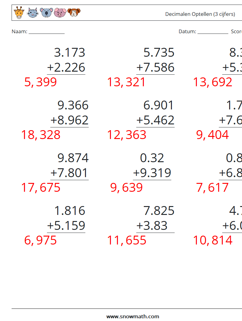 (12) Decimalen Optellen (3 cijfers) Wiskundige werkbladen 13 Vraag, Antwoord