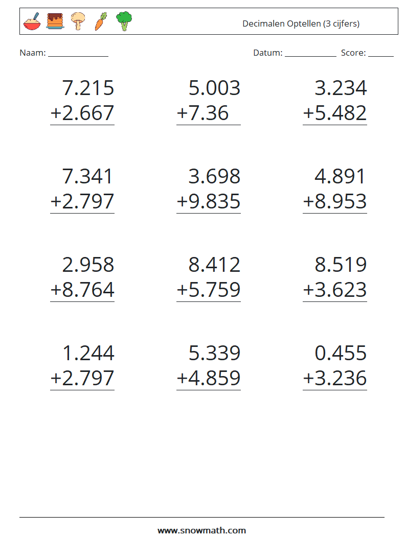 (12) Decimalen Optellen (3 cijfers) Wiskundige werkbladen 14