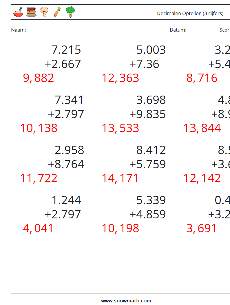 (12) Decimalen Optellen (3 cijfers) Wiskundige werkbladen 14 Vraag, Antwoord