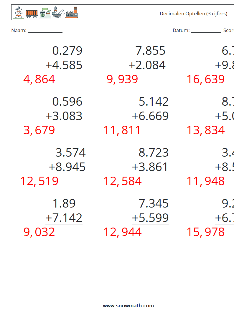 (12) Decimalen Optellen (3 cijfers) Wiskundige werkbladen 15 Vraag, Antwoord