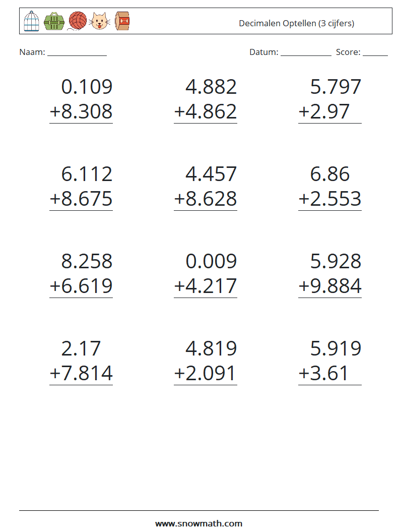 (12) Decimalen Optellen (3 cijfers) Wiskundige werkbladen 16