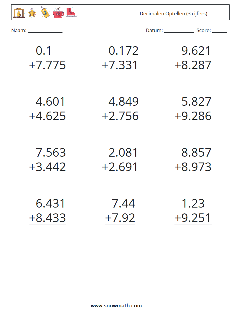 (12) Decimalen Optellen (3 cijfers) Wiskundige werkbladen 17