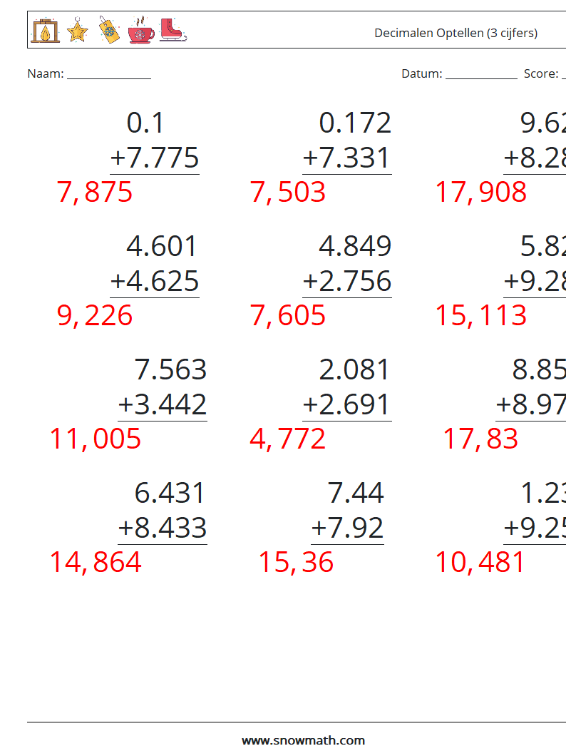 (12) Decimalen Optellen (3 cijfers) Wiskundige werkbladen 17 Vraag, Antwoord