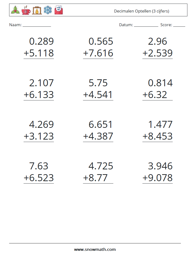 (12) Decimalen Optellen (3 cijfers) Wiskundige werkbladen 18