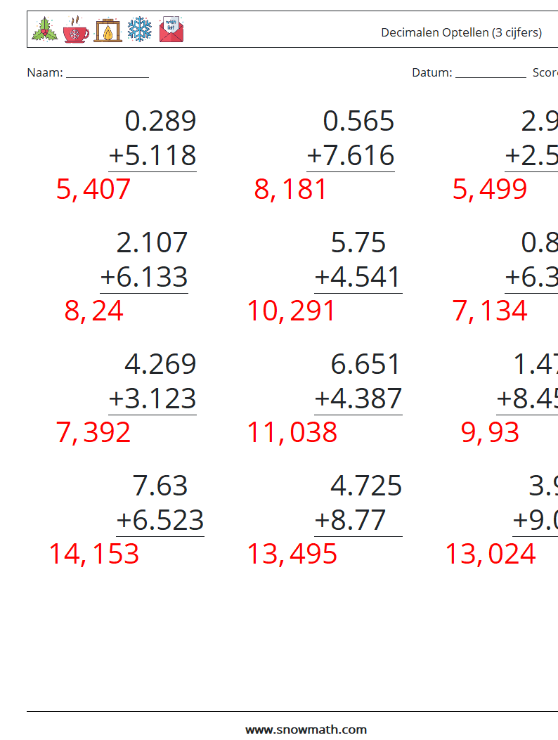 (12) Decimalen Optellen (3 cijfers) Wiskundige werkbladen 18 Vraag, Antwoord