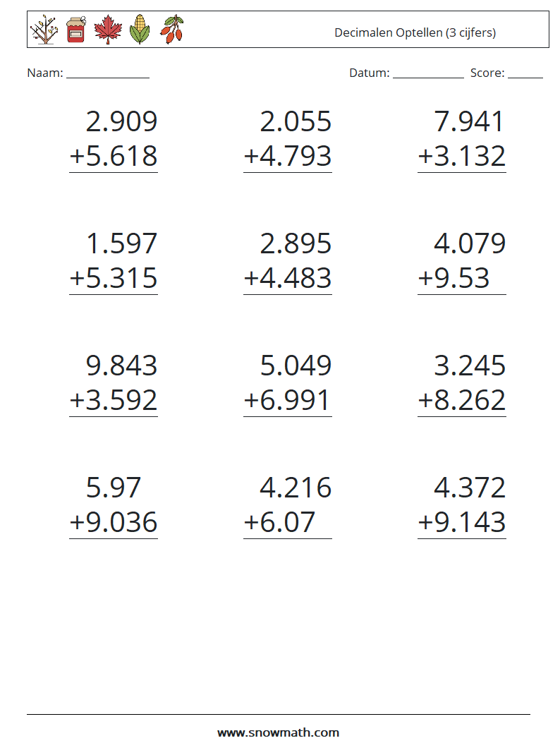 (12) Decimalen Optellen (3 cijfers) Wiskundige werkbladen 2