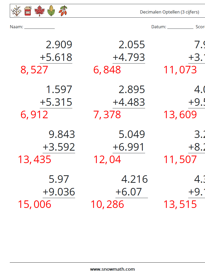 (12) Decimalen Optellen (3 cijfers) Wiskundige werkbladen 2 Vraag, Antwoord