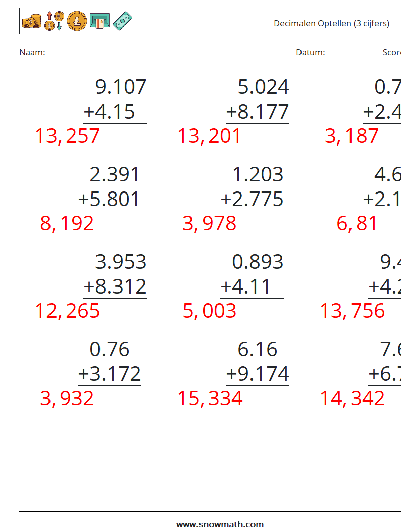 (12) Decimalen Optellen (3 cijfers) Wiskundige werkbladen 3 Vraag, Antwoord