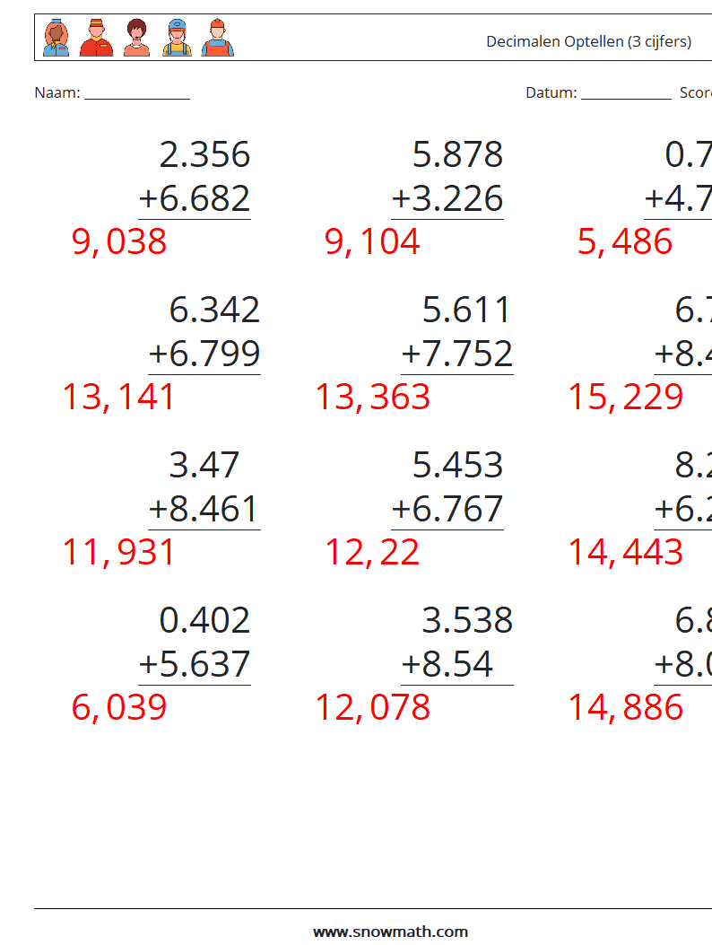 (12) Decimalen Optellen (3 cijfers) Wiskundige werkbladen 4 Vraag, Antwoord