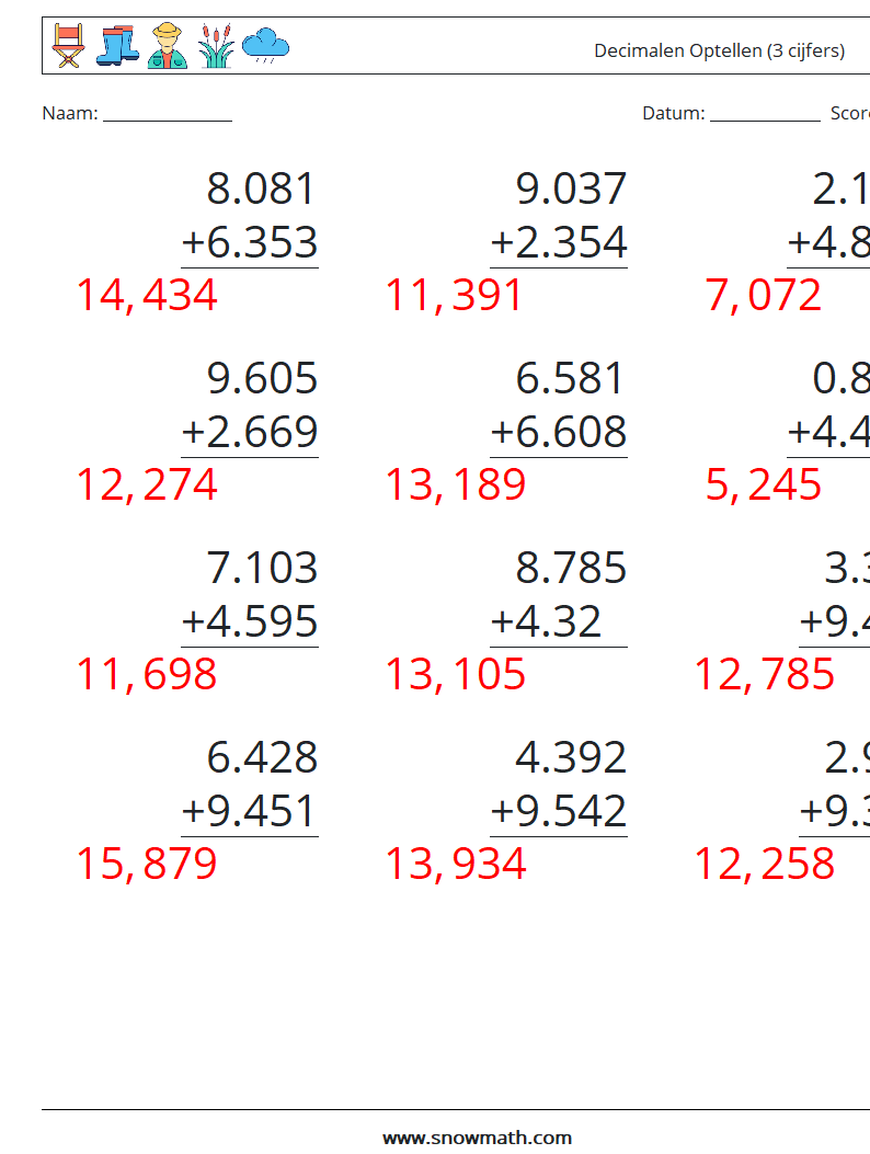 (12) Decimalen Optellen (3 cijfers) Wiskundige werkbladen 6 Vraag, Antwoord