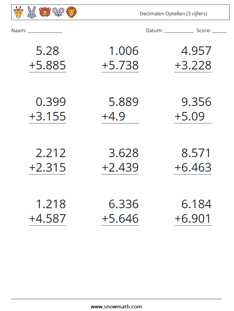 (12) Decimalen Optellen (3 cijfers) Wiskundige werkbladen 7