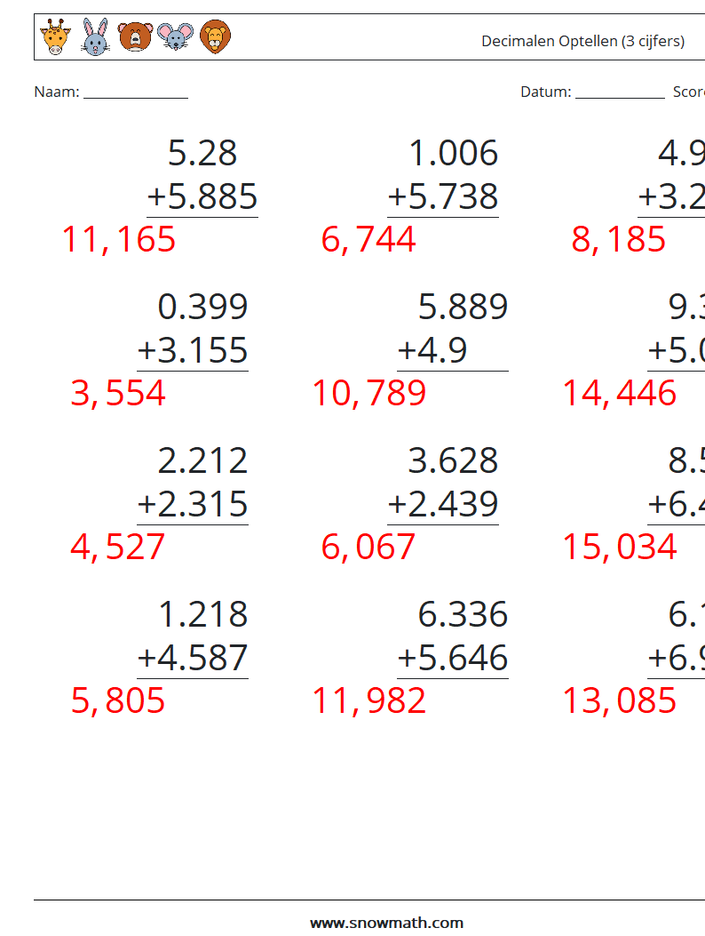 (12) Decimalen Optellen (3 cijfers) Wiskundige werkbladen 7 Vraag, Antwoord