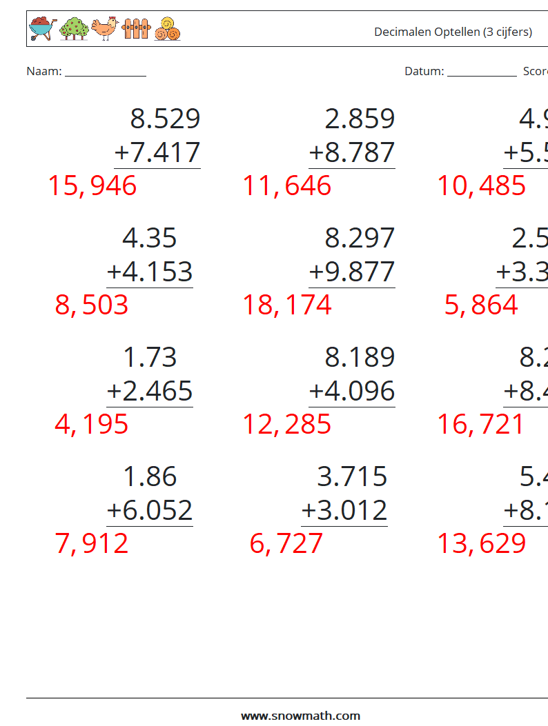 (12) Decimalen Optellen (3 cijfers) Wiskundige werkbladen 8 Vraag, Antwoord