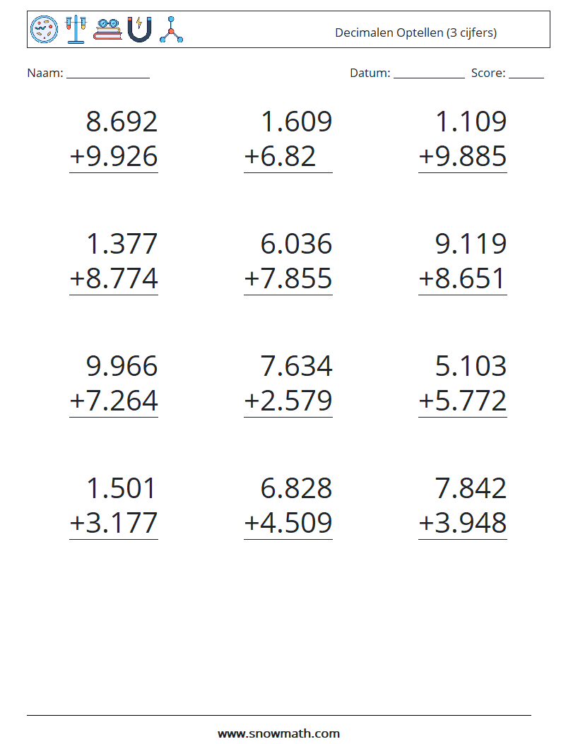 (12) Decimalen Optellen (3 cijfers) Wiskundige werkbladen 9