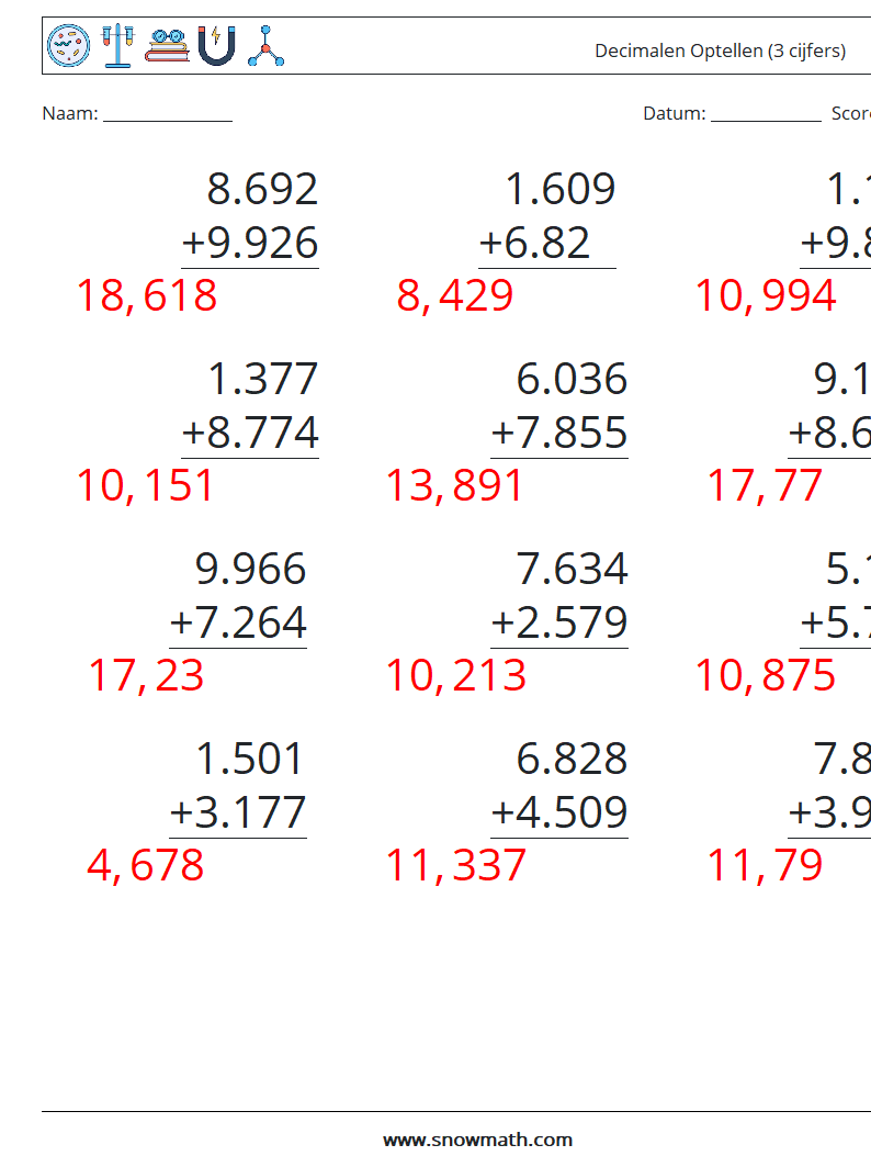 (12) Decimalen Optellen (3 cijfers) Wiskundige werkbladen 9 Vraag, Antwoord