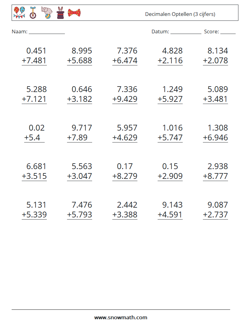 (25) Decimalen Optellen (3 cijfers)