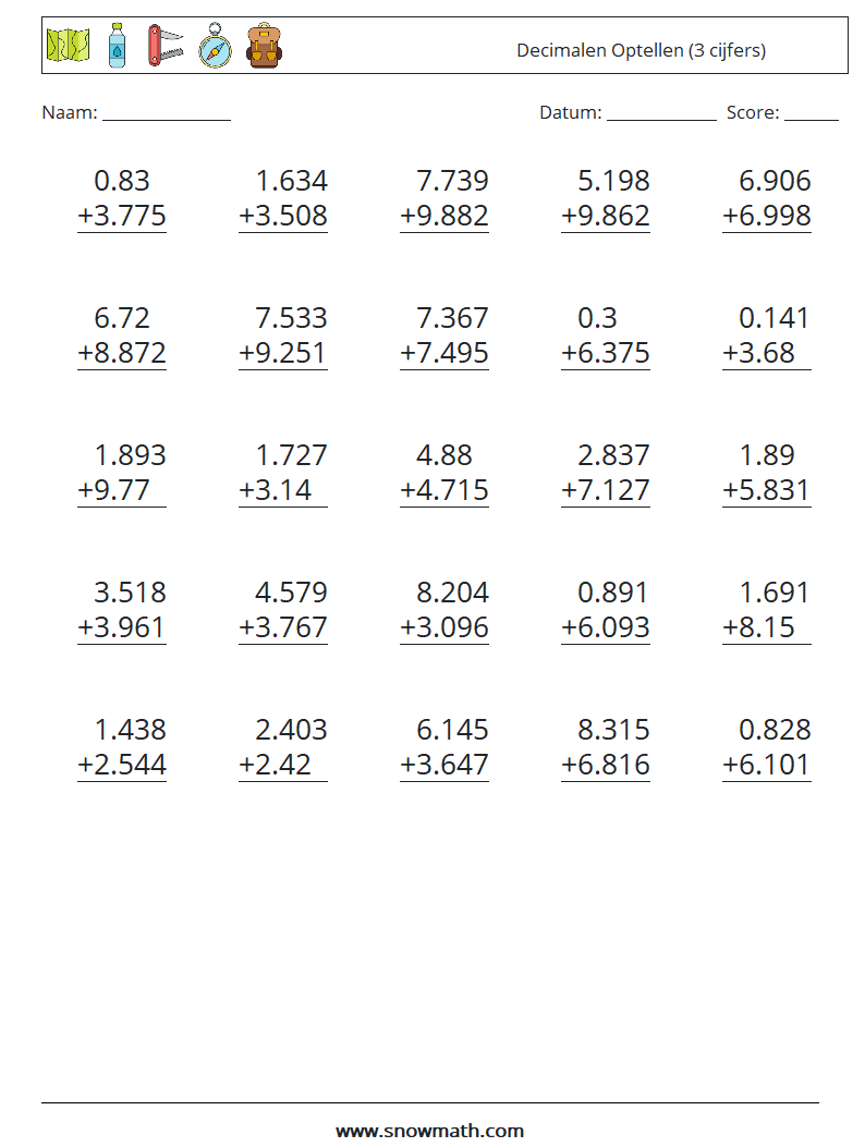(25) Decimalen Optellen (3 cijfers) Wiskundige werkbladen 13