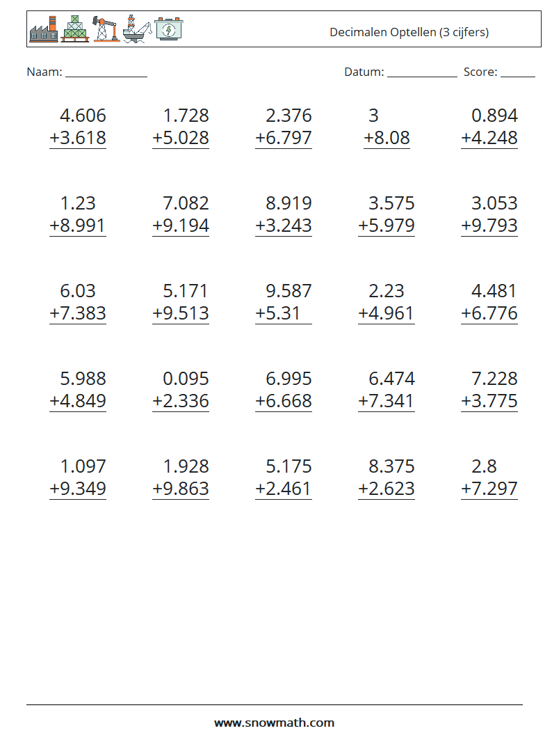 (25) Decimalen Optellen (3 cijfers) Wiskundige werkbladen 14