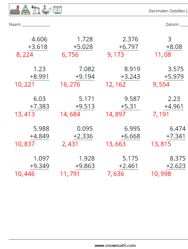 (25) Decimalen Optellen (3 cijfers) Wiskundige werkbladen 14 Vraag, Antwoord