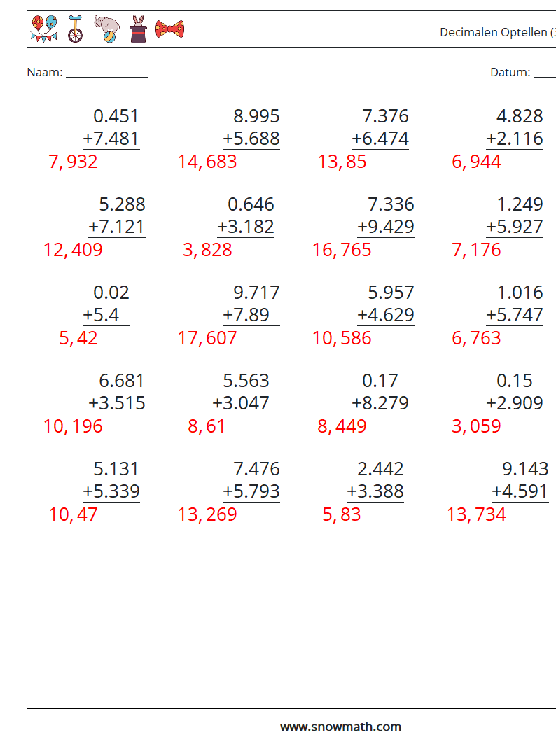 (25) Decimalen Optellen (3 cijfers) Wiskundige werkbladen 1 Vraag, Antwoord