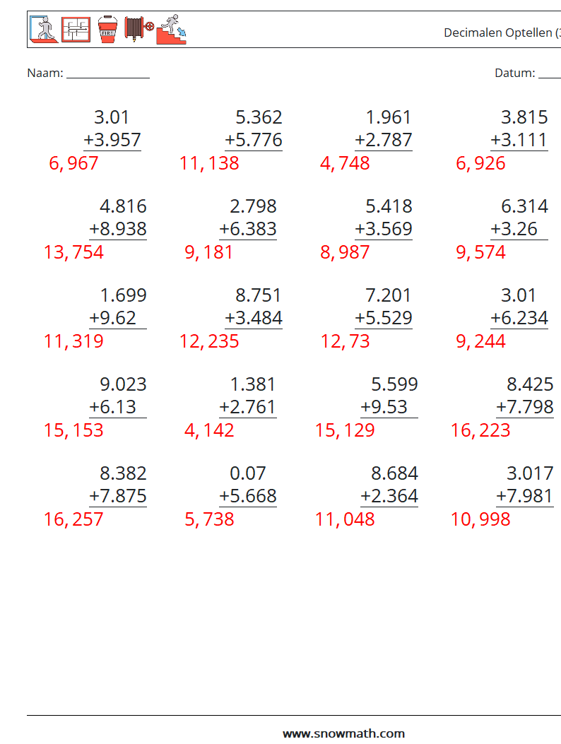 (25) Decimalen Optellen (3 cijfers) Wiskundige werkbladen 2 Vraag, Antwoord