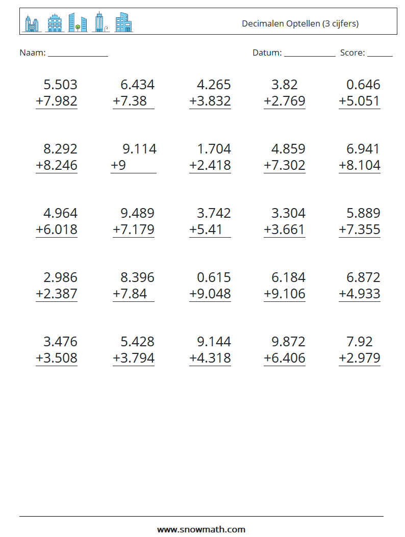(25) Decimalen Optellen (3 cijfers) Wiskundige werkbladen 3