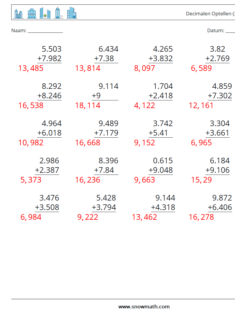 (25) Decimalen Optellen (3 cijfers) Wiskundige werkbladen 3 Vraag, Antwoord