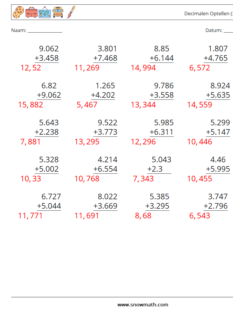(25) Decimalen Optellen (3 cijfers) Wiskundige werkbladen 4 Vraag, Antwoord